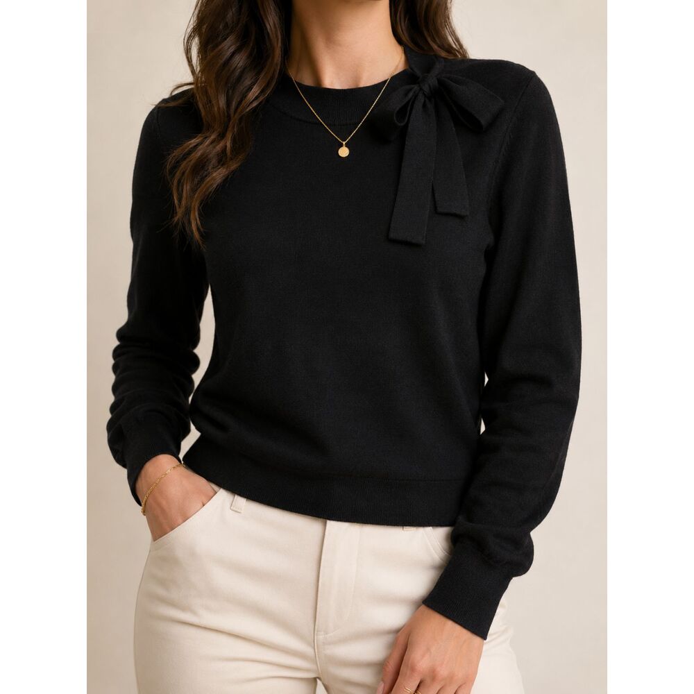 Adrianna Papell Black Bow Shoulder Knit Sweater Size Large Elegant Career Chic